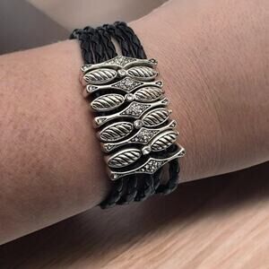 Ornate Rhinestone Silver and Black Corded Bracelet Magnetic Clasp City Chic Glam